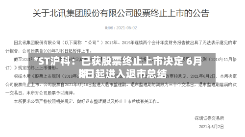 *ST沪科：已获股票终止上市决定 6月8日起进入退市总结期